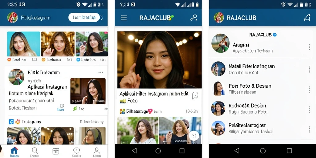 Tampilan antarmuka RAJACLUB dengan berbagai pilihan filter Instagram.