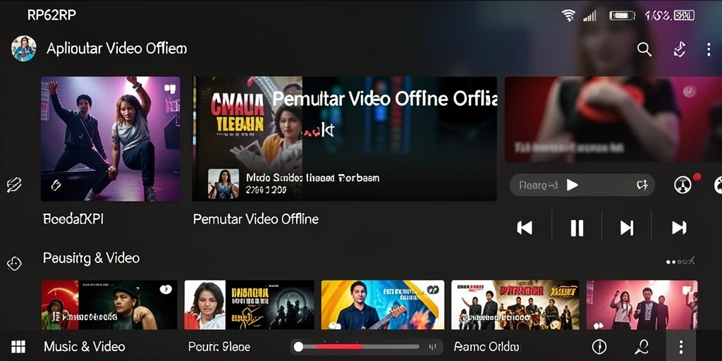 Tampilan antarmuka aplikasi Pemutar Video Offline RP62RP dengan berbagai fitur.