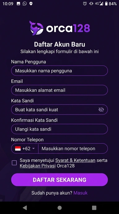Tampilan halaman daftar orca128